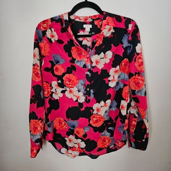 J.Crew Blouse Long Sleeve Floral Pink Purple Black Buttons Business Casual - Picture 1 of 9